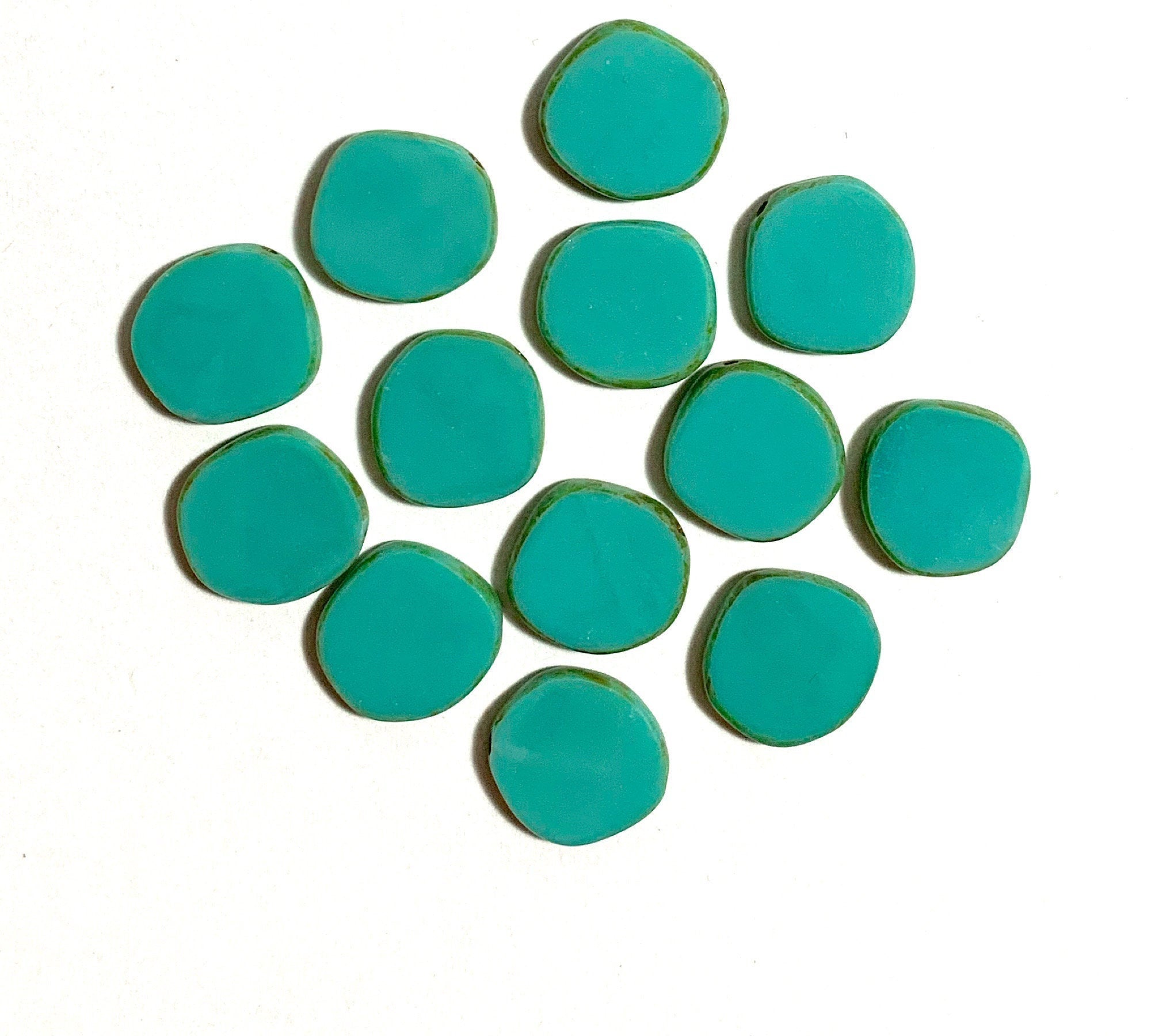 Six 15mm Czech glass asymmetrical coin or disc beads - opaque turquoise blue green Picasso table cut rustic earthy beads - C0041