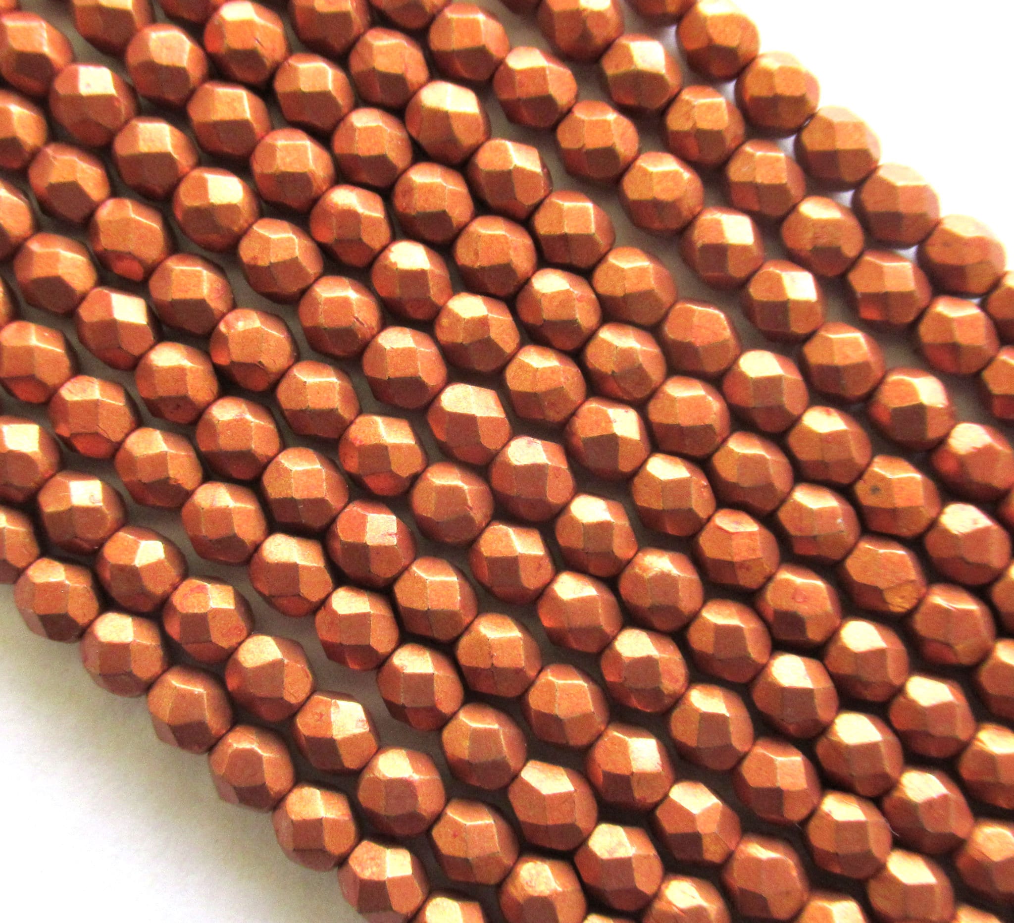 50 4mm Czech glass beads - saturated metallic russet orange round, faceted fire polished beads C0034