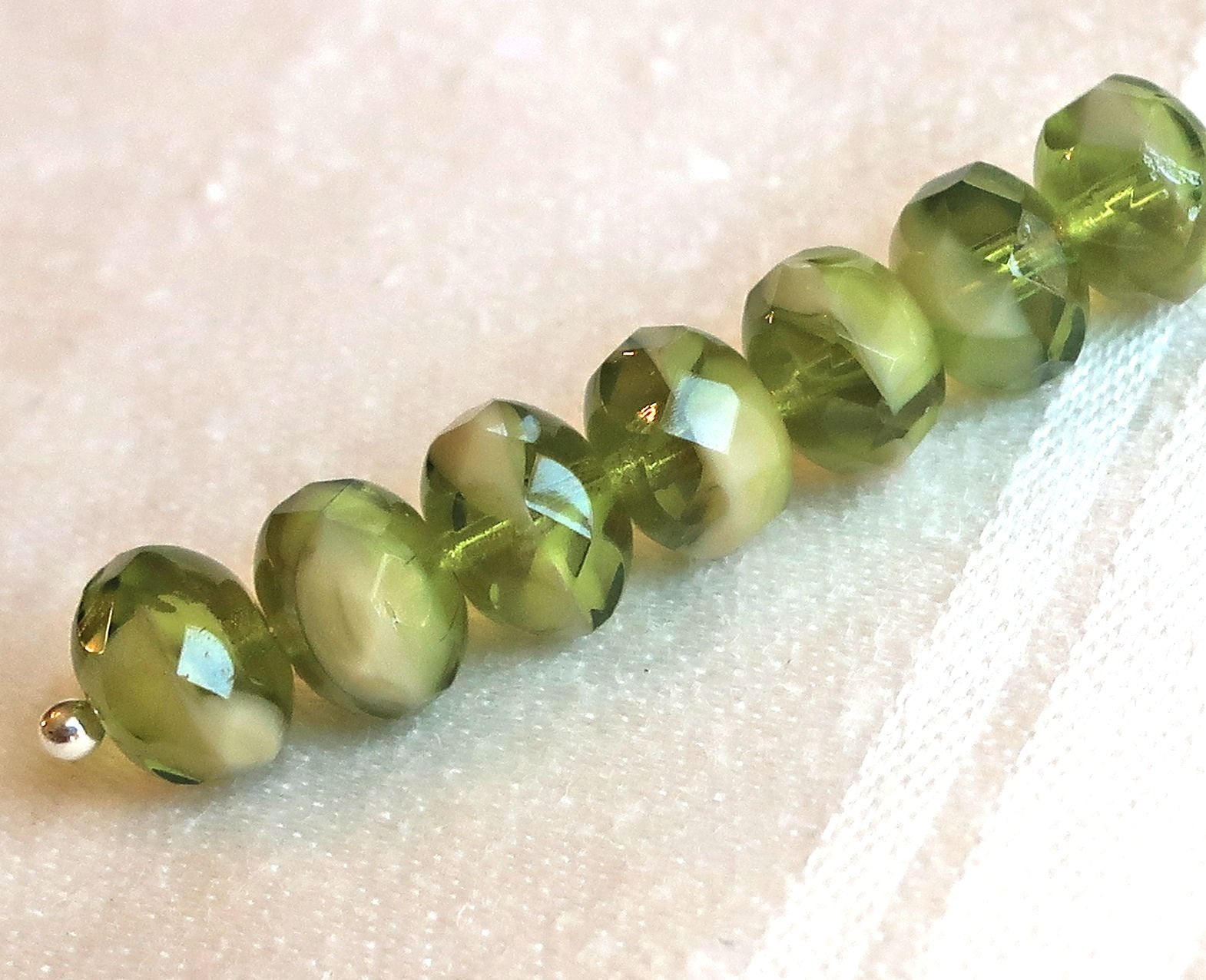 25 faceted Czech glass puffy rondelle beads, 8 x 6mm transparent & opaque marbled olivine green and white mix rondelles on sale 03101 - Glorious Glass Beads