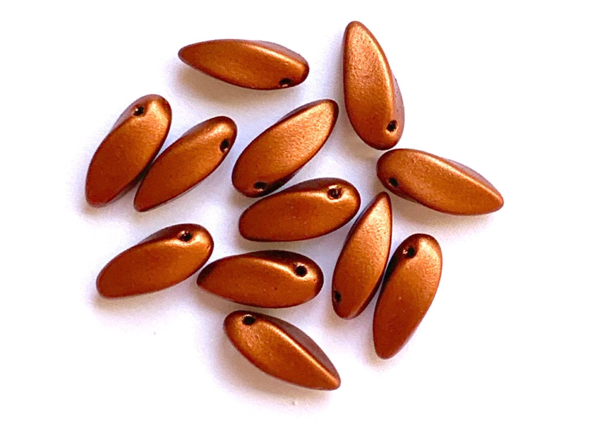 20 Czech glass twisted teardrop, petal or dagger beads - top drilled 6 x 12mm matte metallic red bronze pressed glass beads C0038