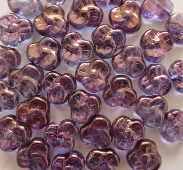 Lot of 25 Czech glass flower beads - 9mm iridescent lumi amethyst purple pansy beads - C00411