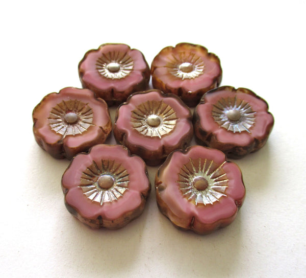 Two large 22mm Czech glass flower beads - Table cut carved silky marbled pink picasso beads - Hawaiian hibiscus focal flower beads - 31101
