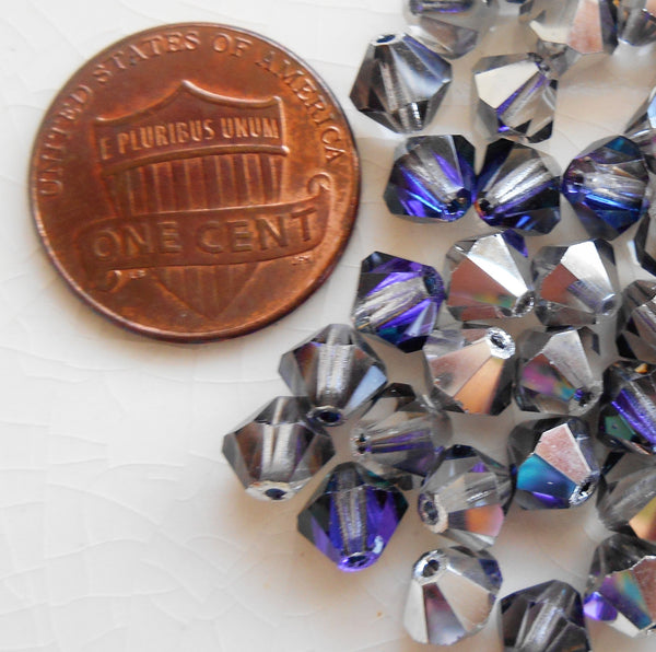 Lot of 24 6mm Crystal Heliotrope AB Czech Preciosa Crystal bicone beads, faceted silver, blue violet bicones C7801
