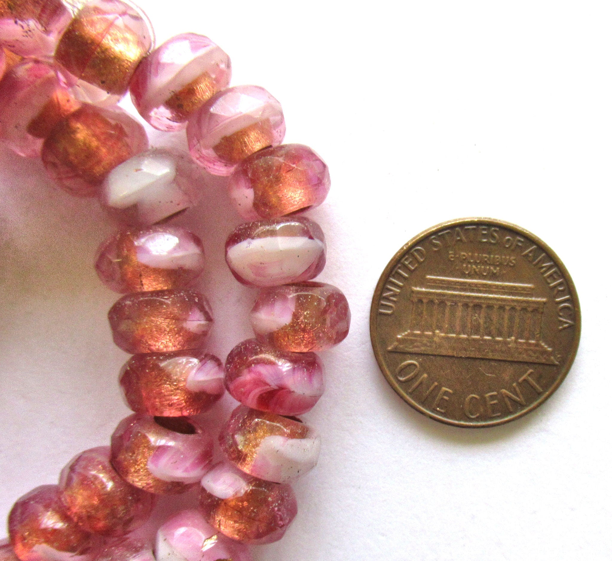 Ten Czech glass roller beads - 6 x 9mm pink & white marbled glass w/ copper linings, faceted roller, rondelle, big 3.5mm hole beads C00171