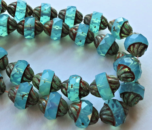 Five Czech glass turbine beads, 11 x 10mm Aqua Blue Opal beads with a picasso finish, saturn beads C00101