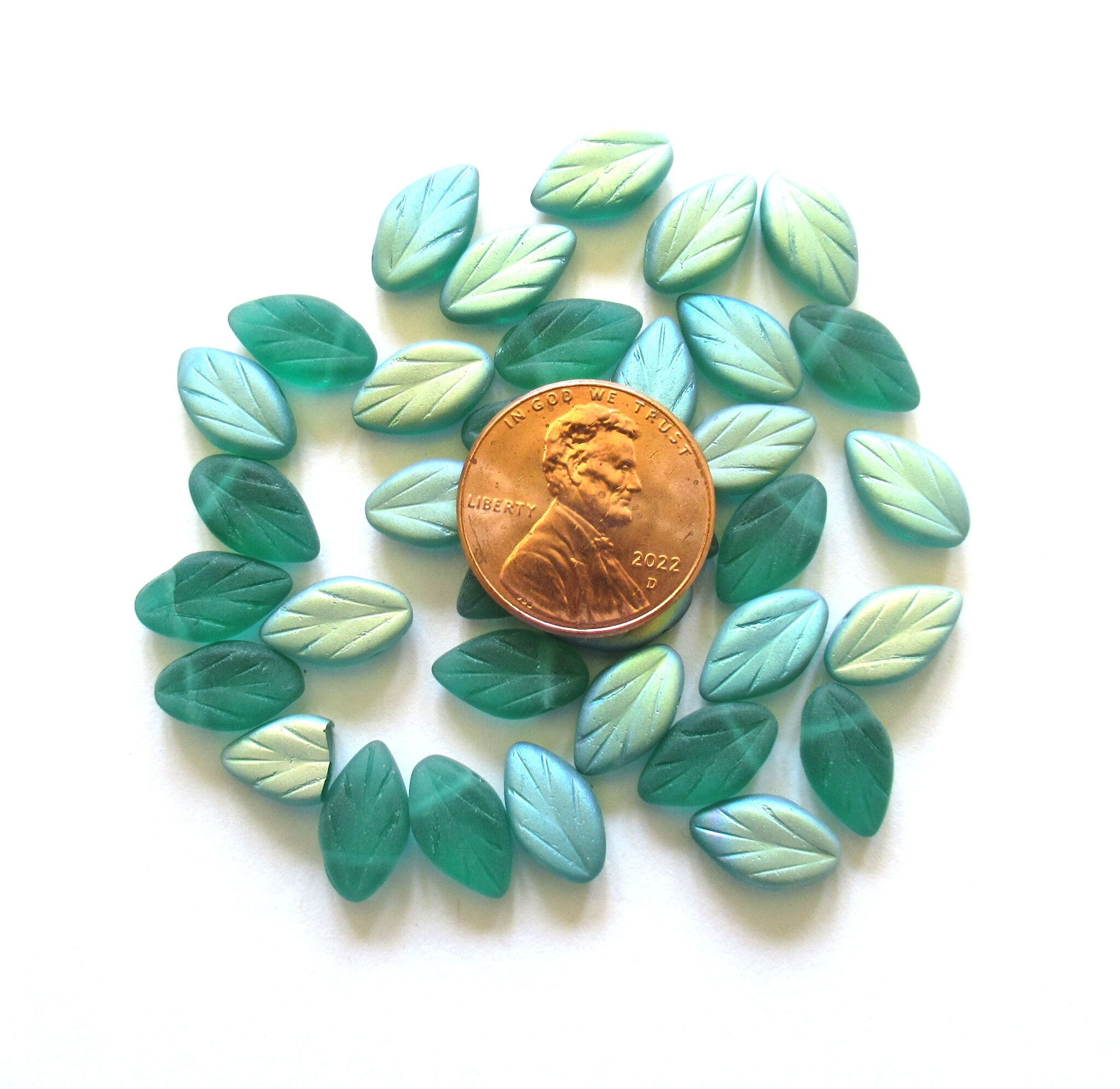 25 Czech glass beech leaf beads - side drilled 11 x 7mm matte teal blue green ab textured pressed glass beads - C0028