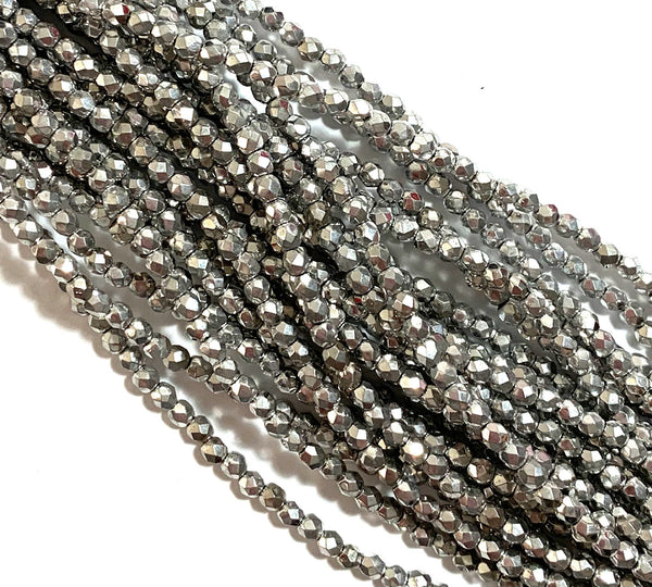 Lot of 50 3mm metallic silver Czech glass beads, round, faceted fire polished beads C0073