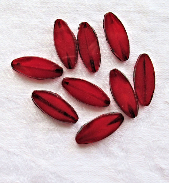 Ten Czech glass spindle beads - 20 x 9mm - transparent & opaque red opaline mix - table cut, almond shaped rustic earthy tube beads C33201