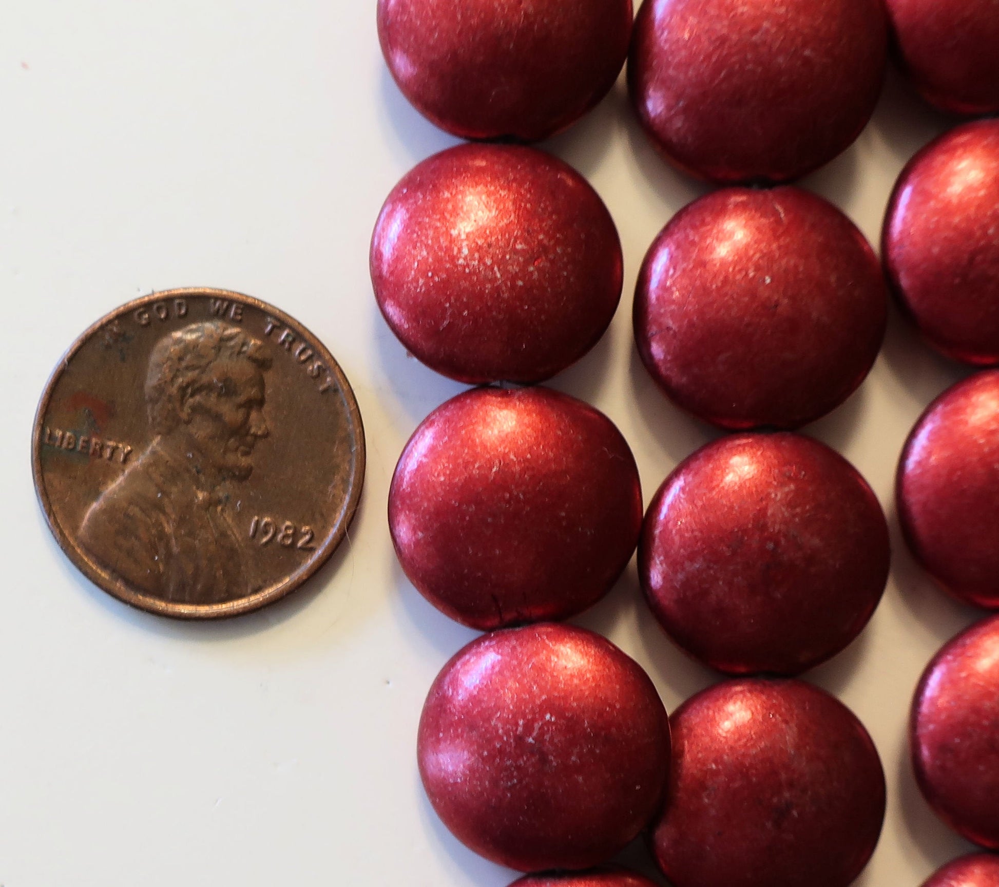 Lot of 8 Czech glass coin beads - 14mm puffy pillow beads - Saturated Matallic Aurora Red - C8701 - Glorious Glass Beads