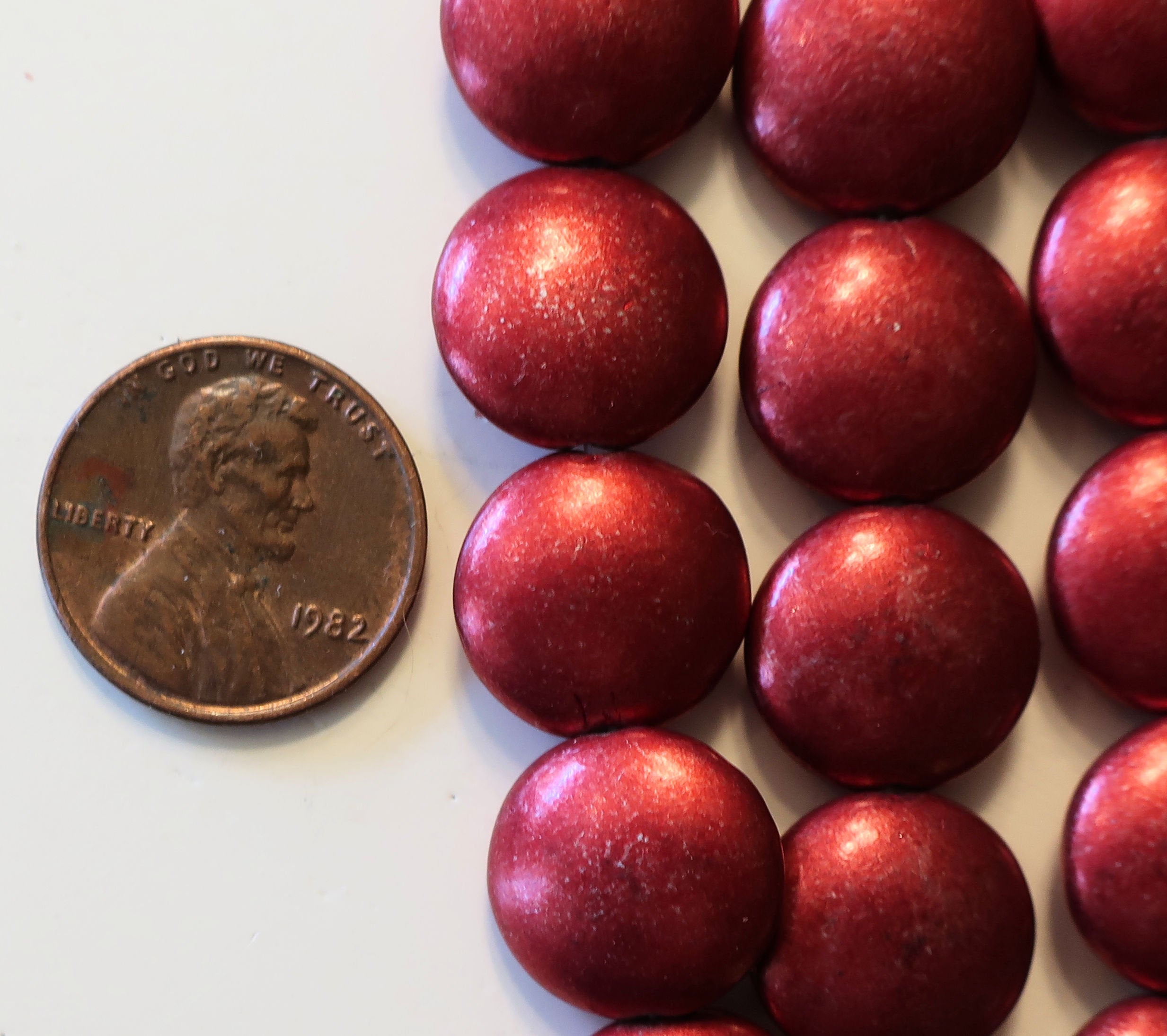 Lot of 8 Czech glass coin beads - 14mm puffy pillow beads - Saturated Matallic Aurora Red - C8701 - Glorious Glass Beads