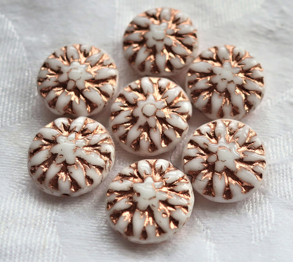 Five Czech glass Dahlia flower beads, opaque white with a copper wash - 14mm floral disc or coin beads C00105 - Glorious Glass Beads