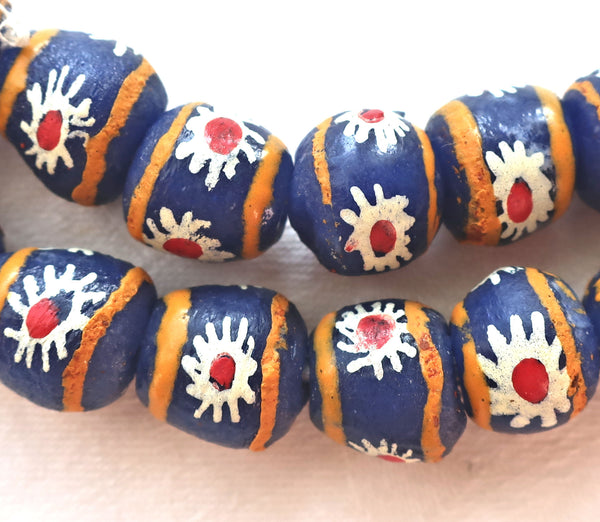 Lot of 5 African Krobo round glass flower beads, blue, white, red & orange, 11-13mm, big 2mm hole rustic, earthy beads