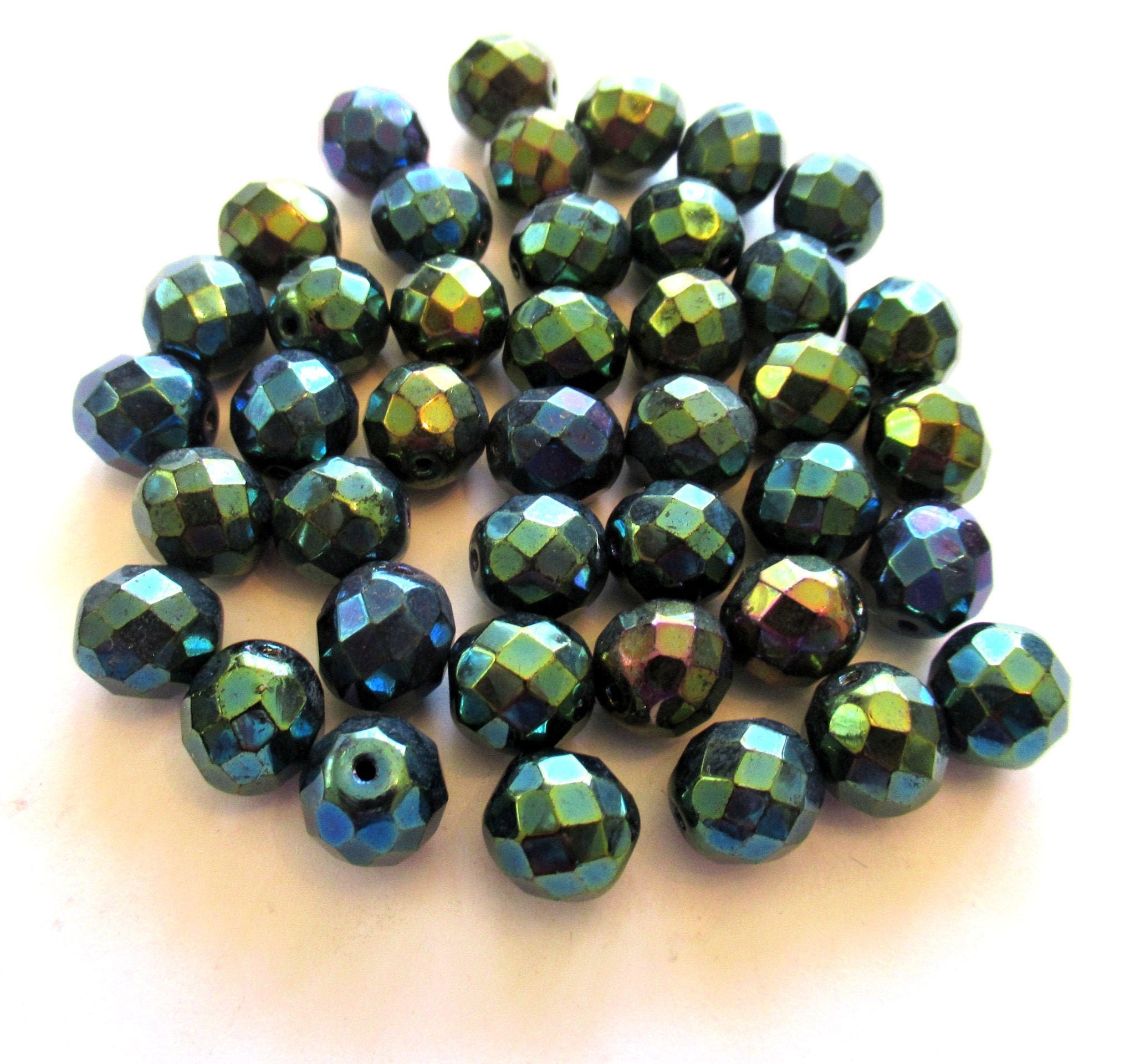 Twenty Czech glass fire polished faceted round beads - 10mm green iris beads C0099