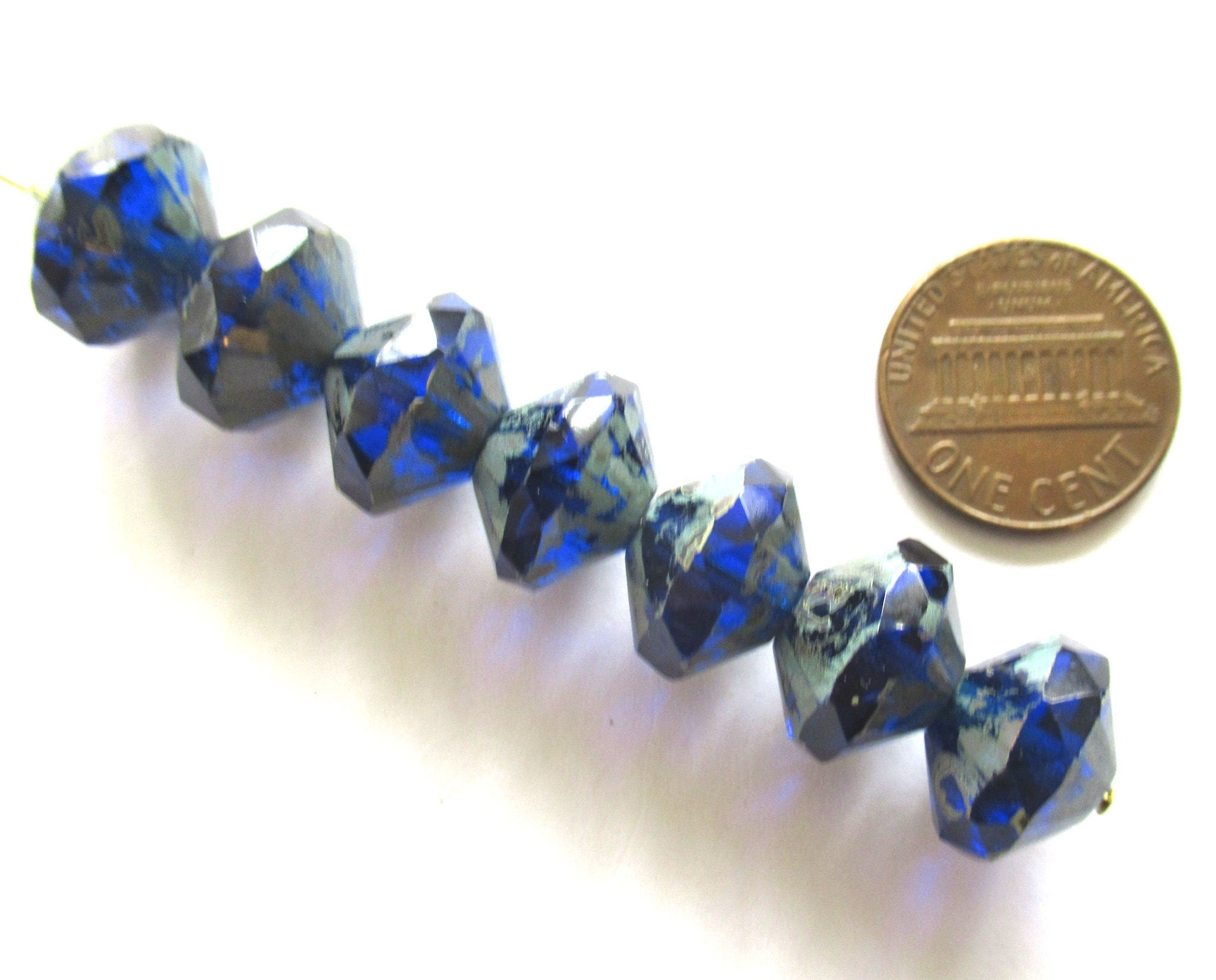 Lot of five Czech large glass faceted rivoli saucer beads - 9 x 13mm cobalt blue w/ picasso finish - chunky rustic earthy beads C00822
