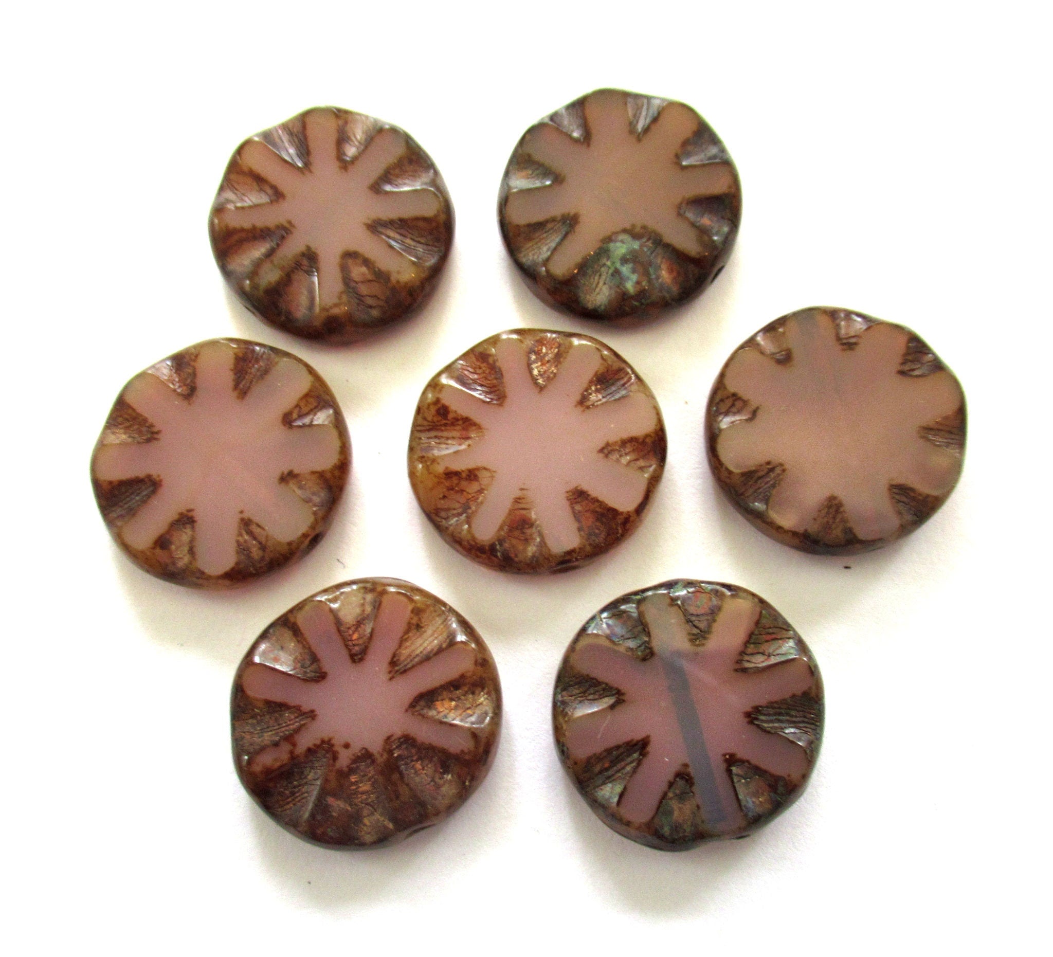 Five 18mm large Czech glass coin beads - translucent milky pinkish purple table cut carved sunburst, earthy, rustic disc beads C00251