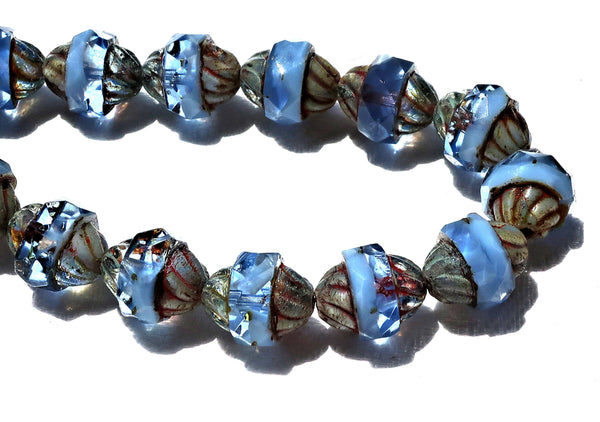 Six Czech glass turbine beads, 11 x 10mm transparent & opaque sapphire blue Czech glass beads with a picasso finish, saturn beads C02101
