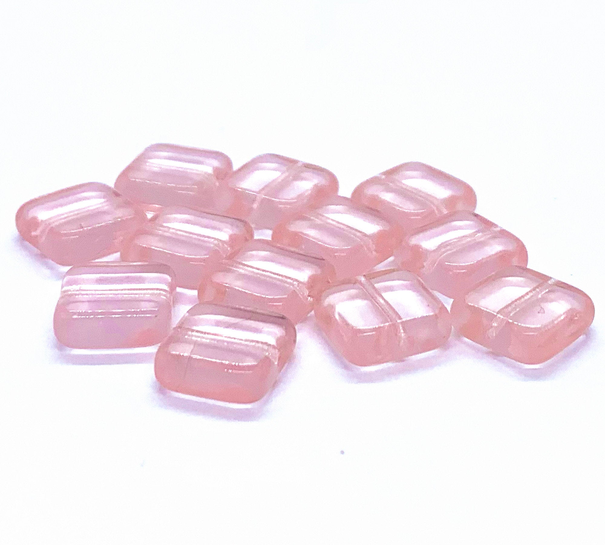 Twenty 9mm square Czech glass beads - transparent pink pressed glass beads C0026