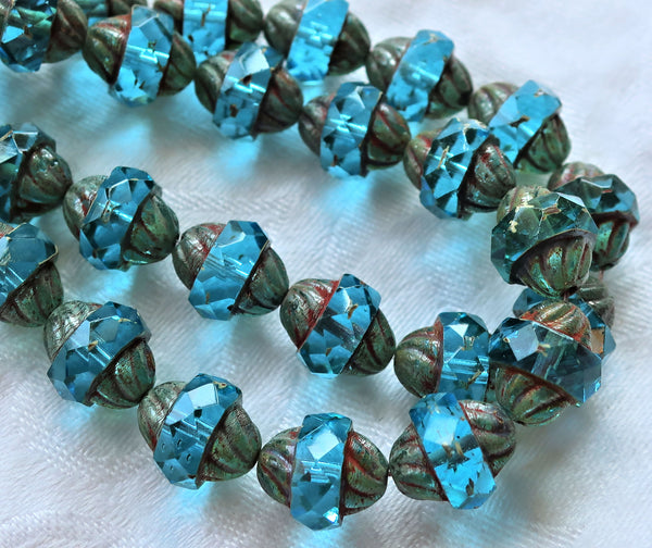 Five Czech glass turbine beads, 11 x 10mm transparent Aqua Blue beads with a picasso finish, saturn beads C0901