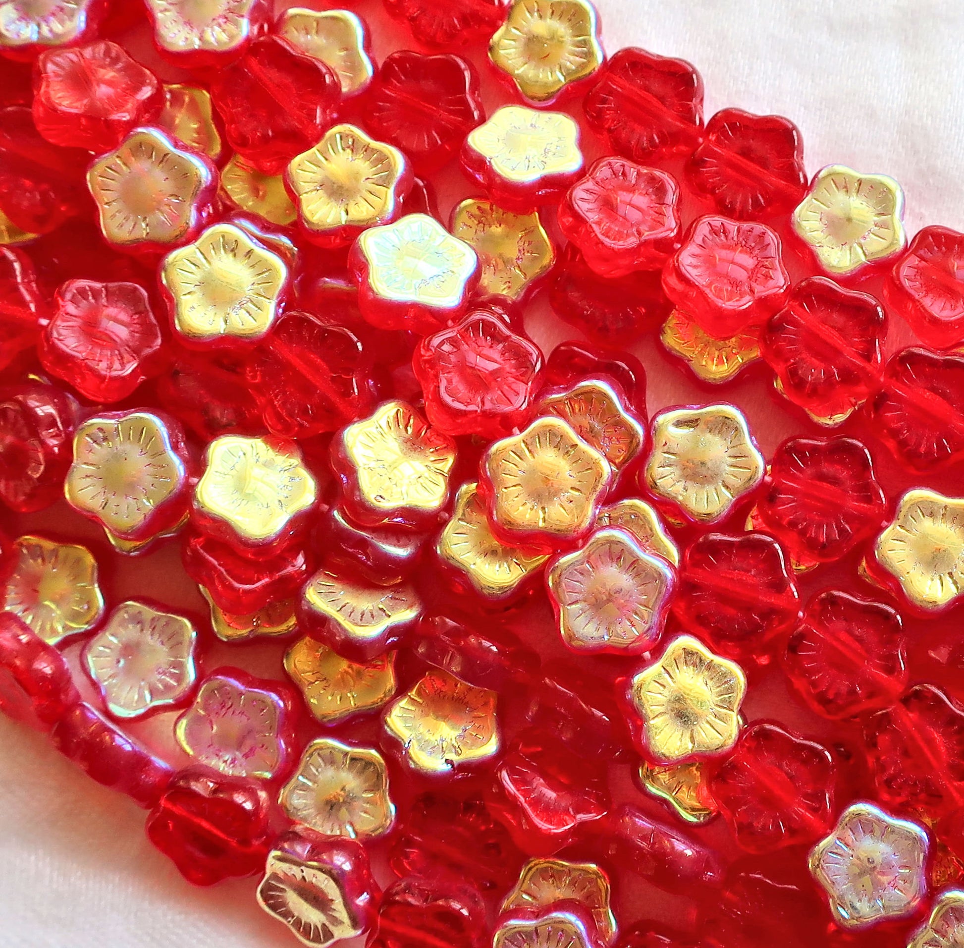 Lot of 25 10mm Czech glass flower beads - bright Siam Red AB - pressed glass floral beads, C9701 - Glorious Glass Beads