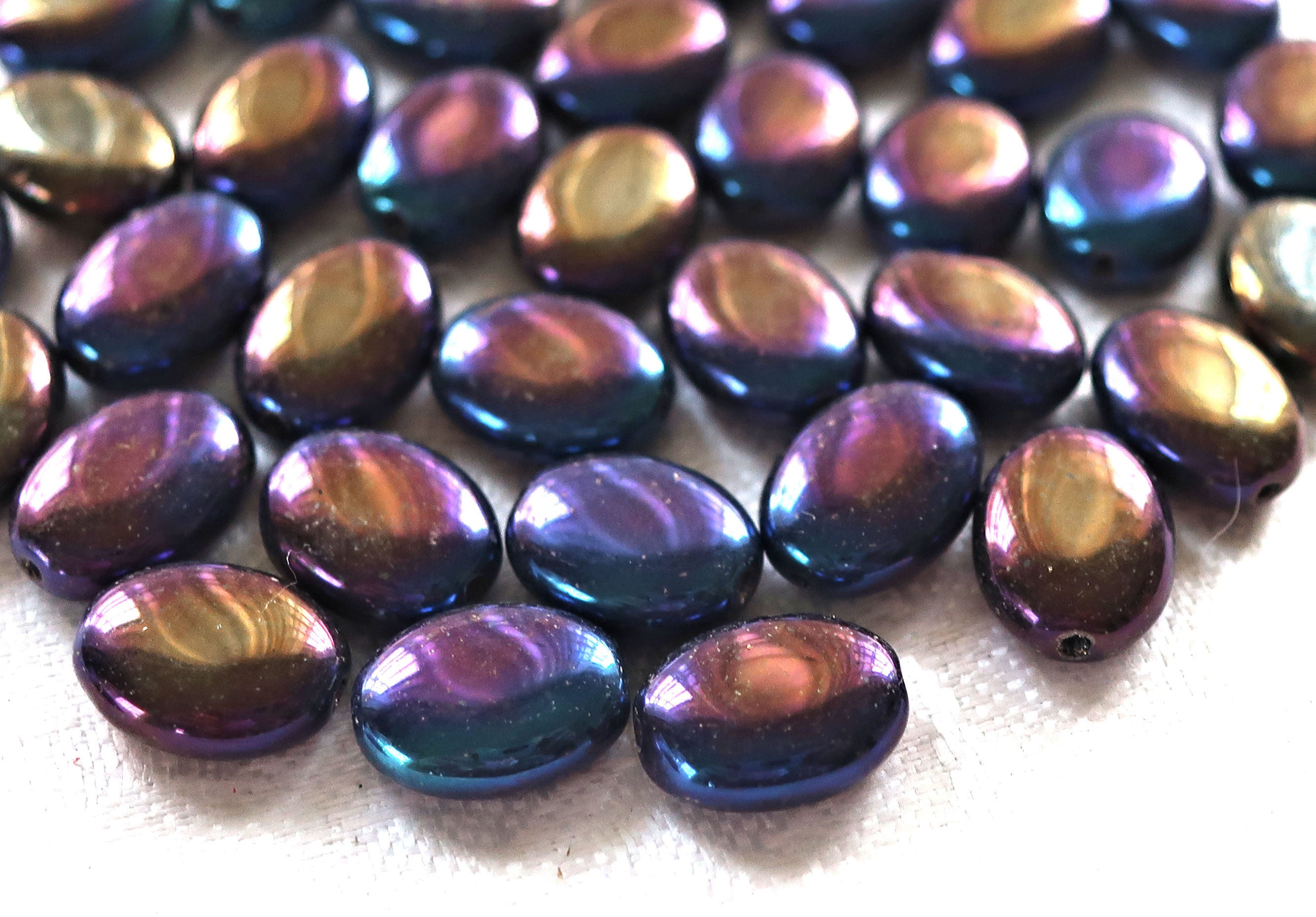 24 purple iris flat oval Czech Glass beads, 12mm x 9mm pressed glass beads C4525 - Glorious Glass Beads