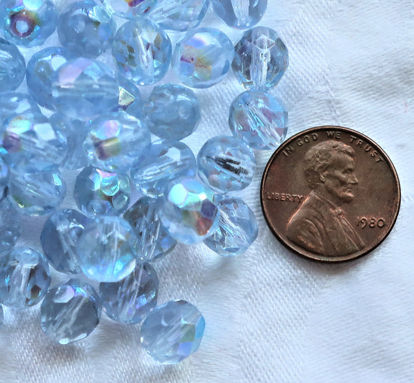 25 8mm Czech glass beads, Extra Light Blue Sapphire AB, firepolished faceted round beads C5625 - Glorious Glass Beads