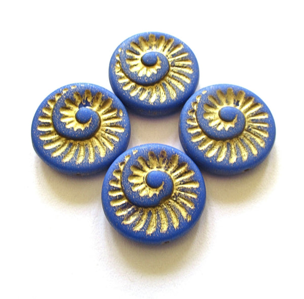Four large Czech glass snail fossil beads - 18mm opaque matte royal blue with a gold wash - coin / disc / focal beads C0077