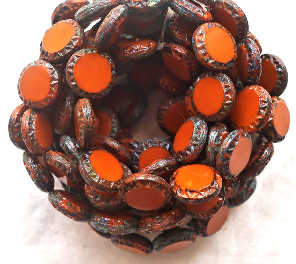 6 Czech glass coin beads, 12mm disc beads, table-cut carved Aztec, Mayan sun rustic, earthy opaque pumpkin orange, sienna picasso 05101 - Glorious Glass Beads