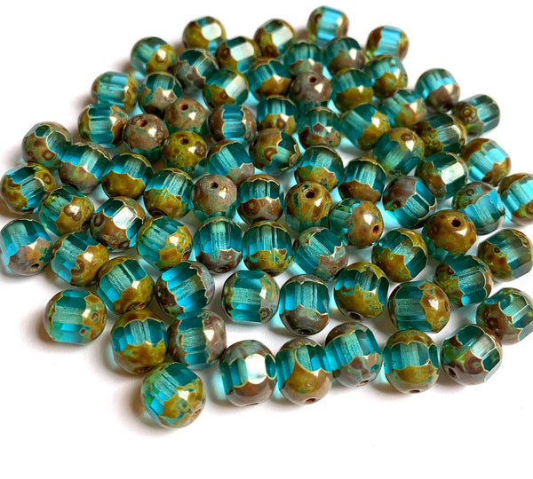 15 Czech glass faceted cathedral or barrel beads six sides - 8mm fire polished aqua blue beads with picasso finish on the ends C0096