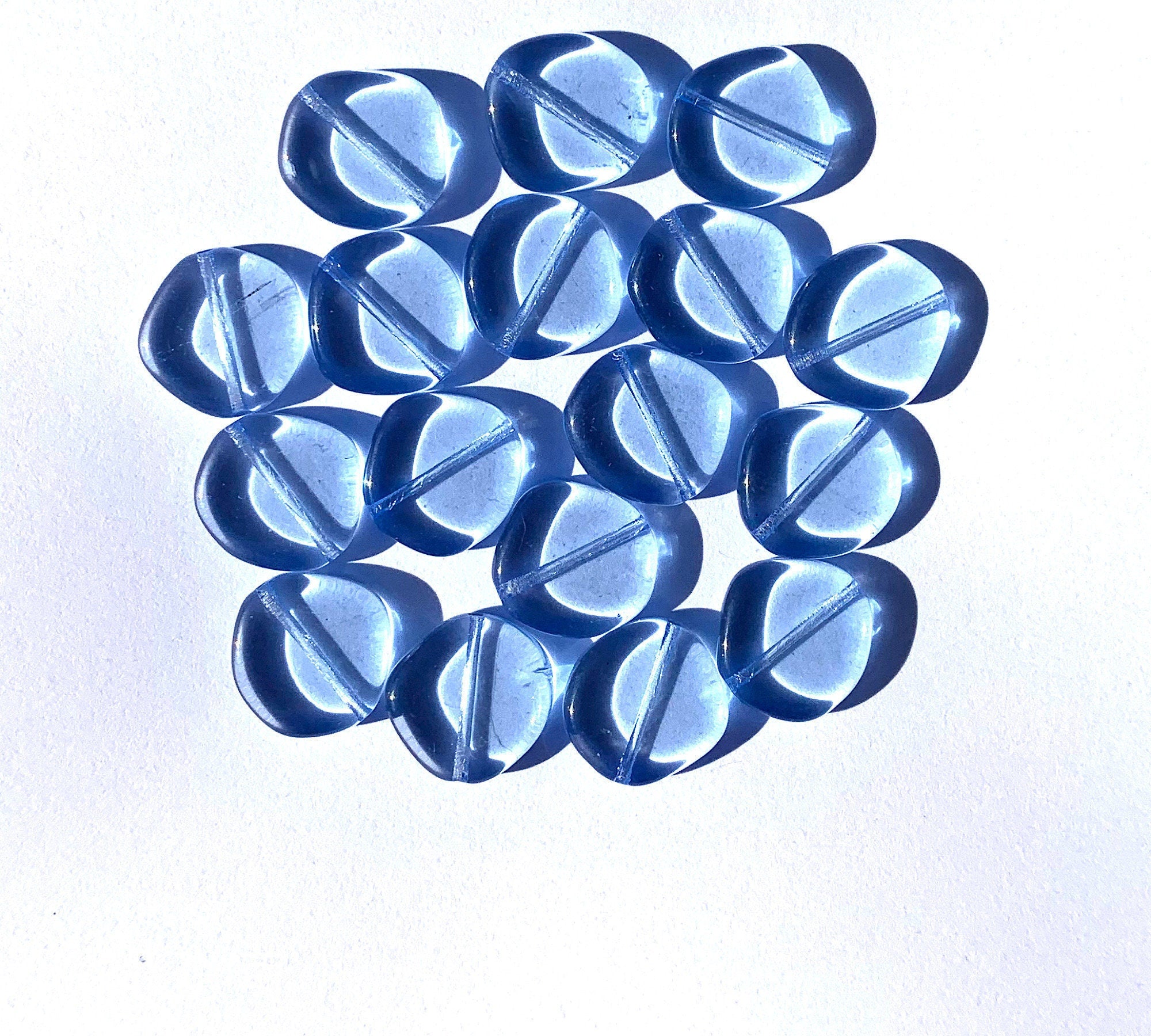 Ten 15mm Czech glass asymmetrical coin or disc beads - light sapphire blue beads - C0018