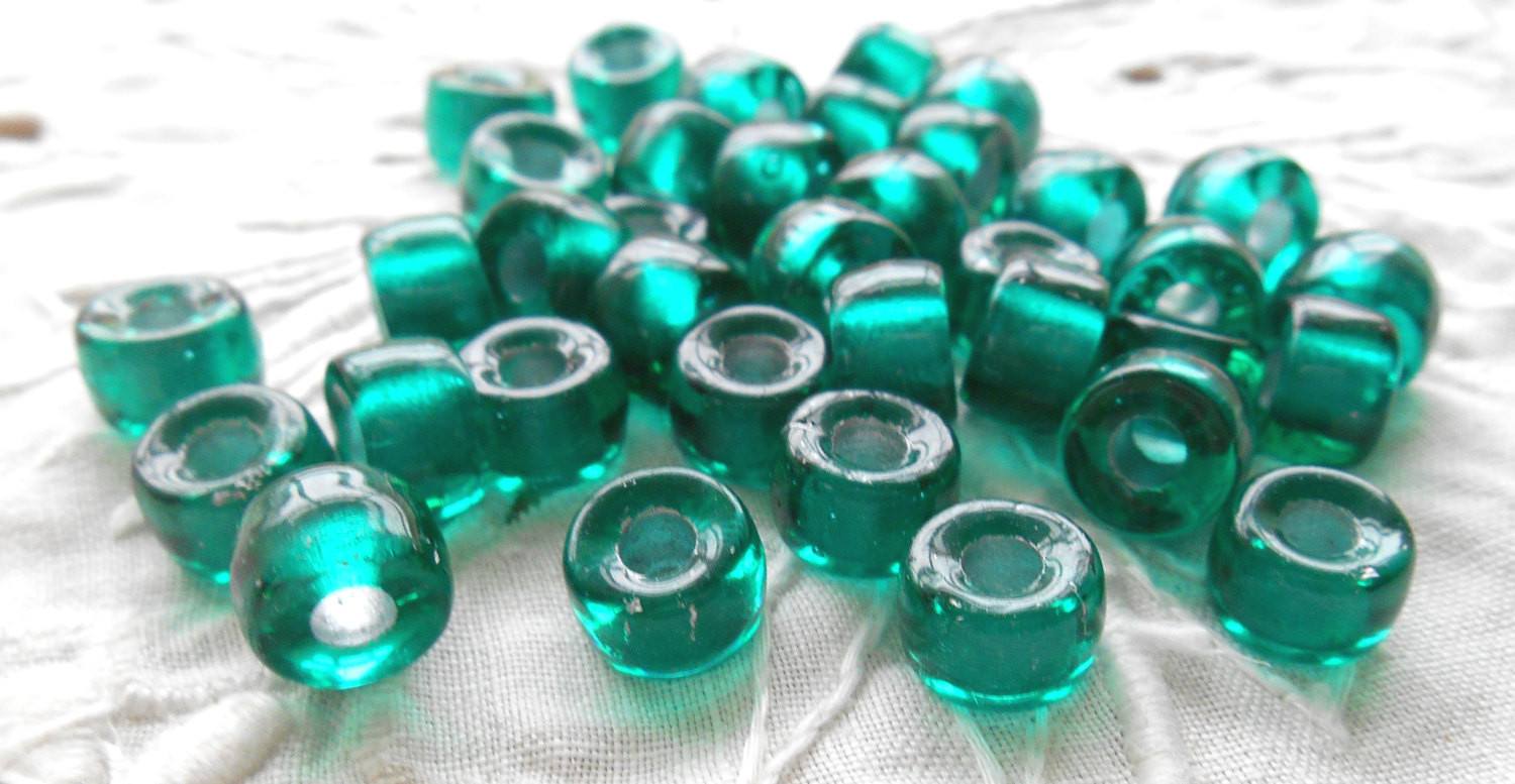 Lot of 25 9mm Czech Teal, Silver Lined glass pony roller beads, large hole crow beads, C3525 - Glorious Glass Beads