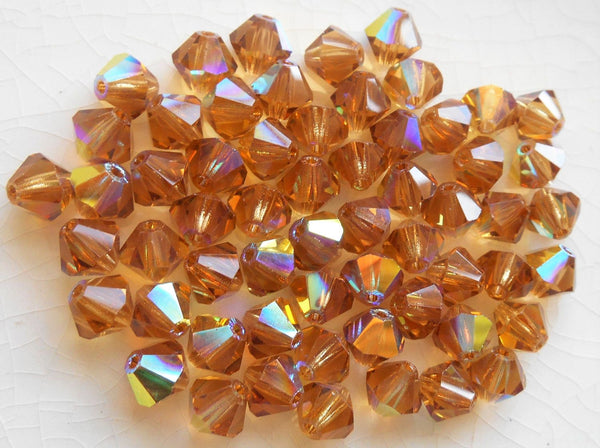 Lot of 24 6mm Light Colorado Topaz AB Czech Preciosa Crystal bicone beads, faceted glass brown bicones C60101