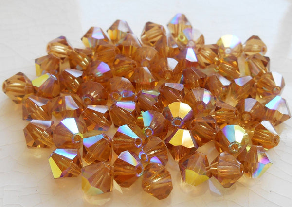 Lot of 24 6mm Light Colorado Topaz AB Czech Preciosa Crystal bicone beads, faceted glass brown bicones C60101 - Glorious Glass Beads