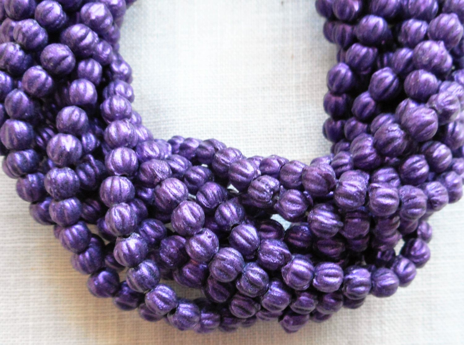 Lot of 100 3mm Purple Sueded, Suede Amethyst melon beads, Czech pressed glass beads C8550 - Glorious Glass Beads