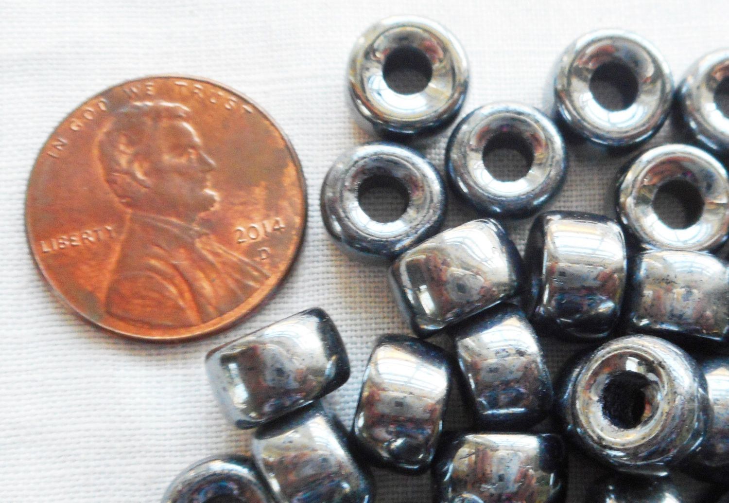 Lot of 25 9mm Czech Hematite Metallic Gray glass pony roller beads, large hole crow beads, C7501 - Glorious Glass Beads