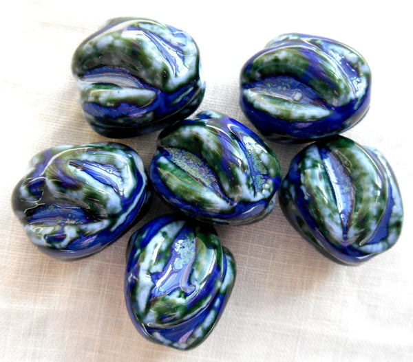 One large blue and green twisted oval ceramic focal bead, 18mm by 17mm, big hole, large hole, 2.75mm hole, sold by the piece C5401