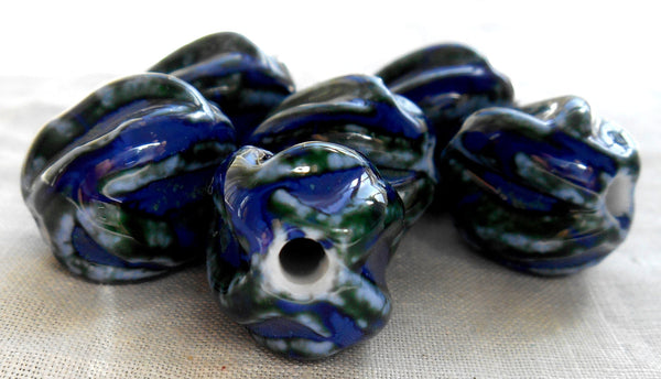 One large blue and green twisted oval ceramic focal bead, 18mm by 17mm, big hole, large hole, 2.75mm hole, sold by the piece C5401 - Glorious Glass Beads