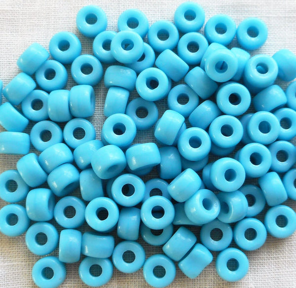 Fifty 6mm Czech Opaque Turquoise Blue pony roller beads, large hole crow beads, C1550