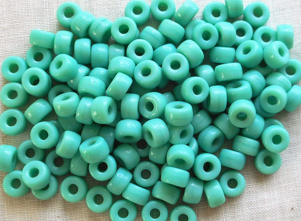 Fifty 6mm Czech Opaque Green Turquoise Blue pony roller beads, large hole crow beads, C3550