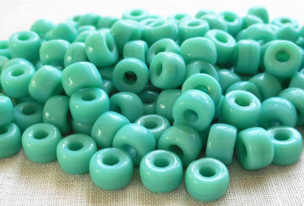 Fifty 6mm Czech Opaque Green Turquoise Blue pony roller beads, large hole crow beads, C3550 - Glorious Glass Beads