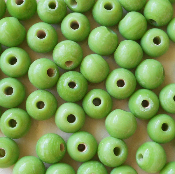 Ten 12mm Bright Opaque Lime Green big large hole glass beads with 3mm holes, smooth round druk beads, Made in India C0027