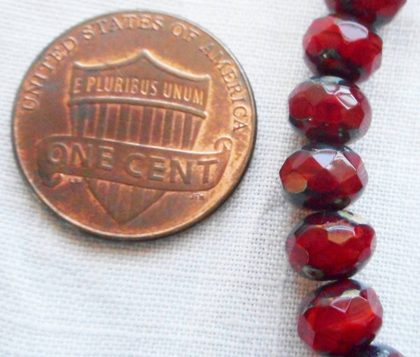 Lot of 25 Translucent Ruby Red Picasso faceted puffy rondelle or donut beads, 5 x 7mm, Czech glass beads C00201 - Glorious Glass Beads