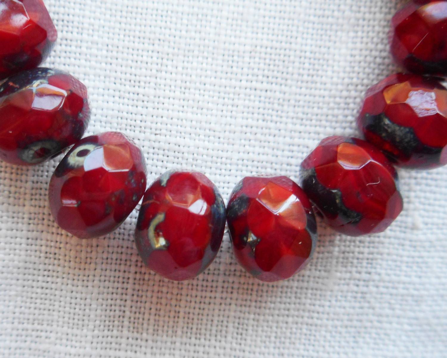 Lot of 25 Translucent Ruby Red Picasso faceted puffy rondelle or donut beads, 5 x 7mm, Czech glass beads C00201 - Glorious Glass Beads