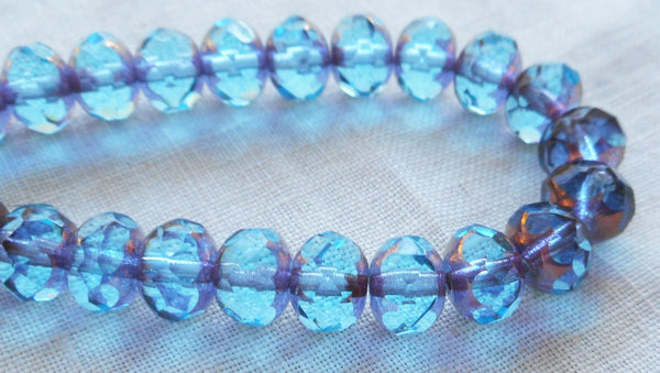 Lot of 25 faceted puffy rondelle or donut Czech glass beads, Transparent Aqua Blue with Gold Picasso accents, 5 x 7mm C00201 - Glorious Glass Beads