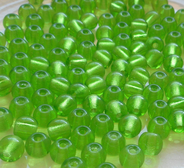 Lot of 25 8mm Czech glass big hole beads, Peridot Green smooth round druk beads with 2mm holes C6601 - Glorious Glass Beads