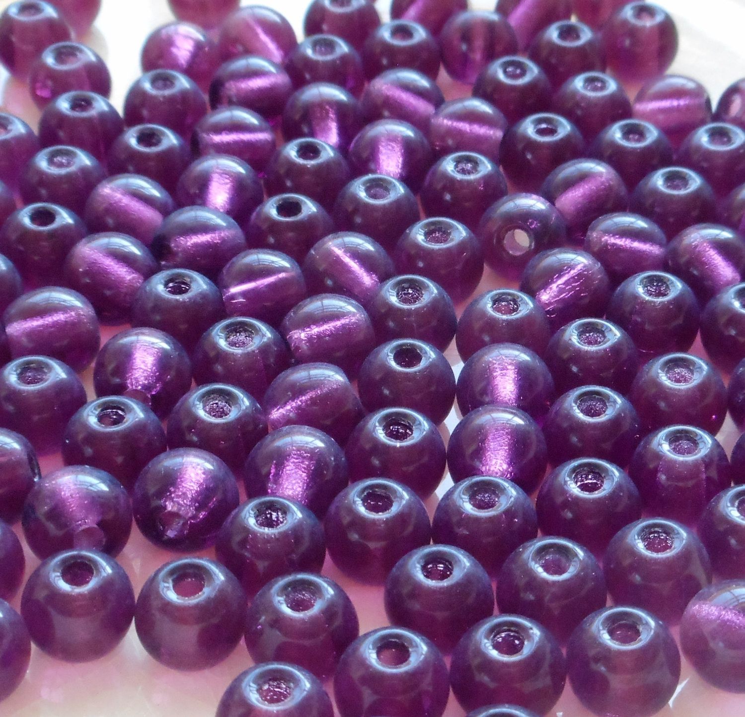 Lot of 25 8mm Czech glass big hole beads, Amethyst or Purple smooth round druk beads with 2mm holes C7201 - Glorious Glass Beads