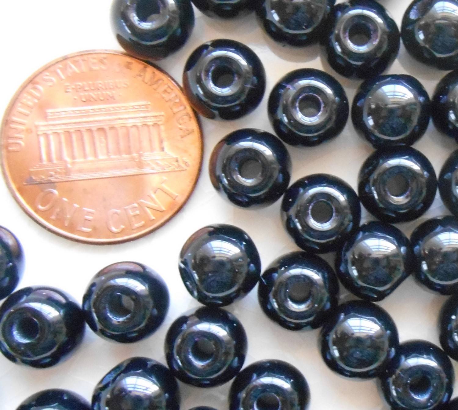 Lot of 25 8mm Czech glass big hole beads, Jet Black smooth round druk beads with 2mm holes C4601 - Glorious Glass Beads