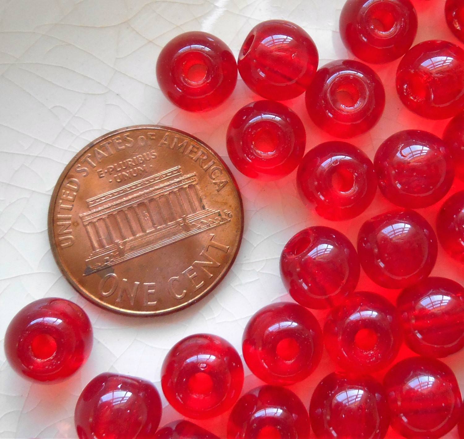 Lot of 25 8mm Czech glass big hole beads, Ruby Red smooth round druk beads with 2mm holes C1701 - Glorious Glass Beads