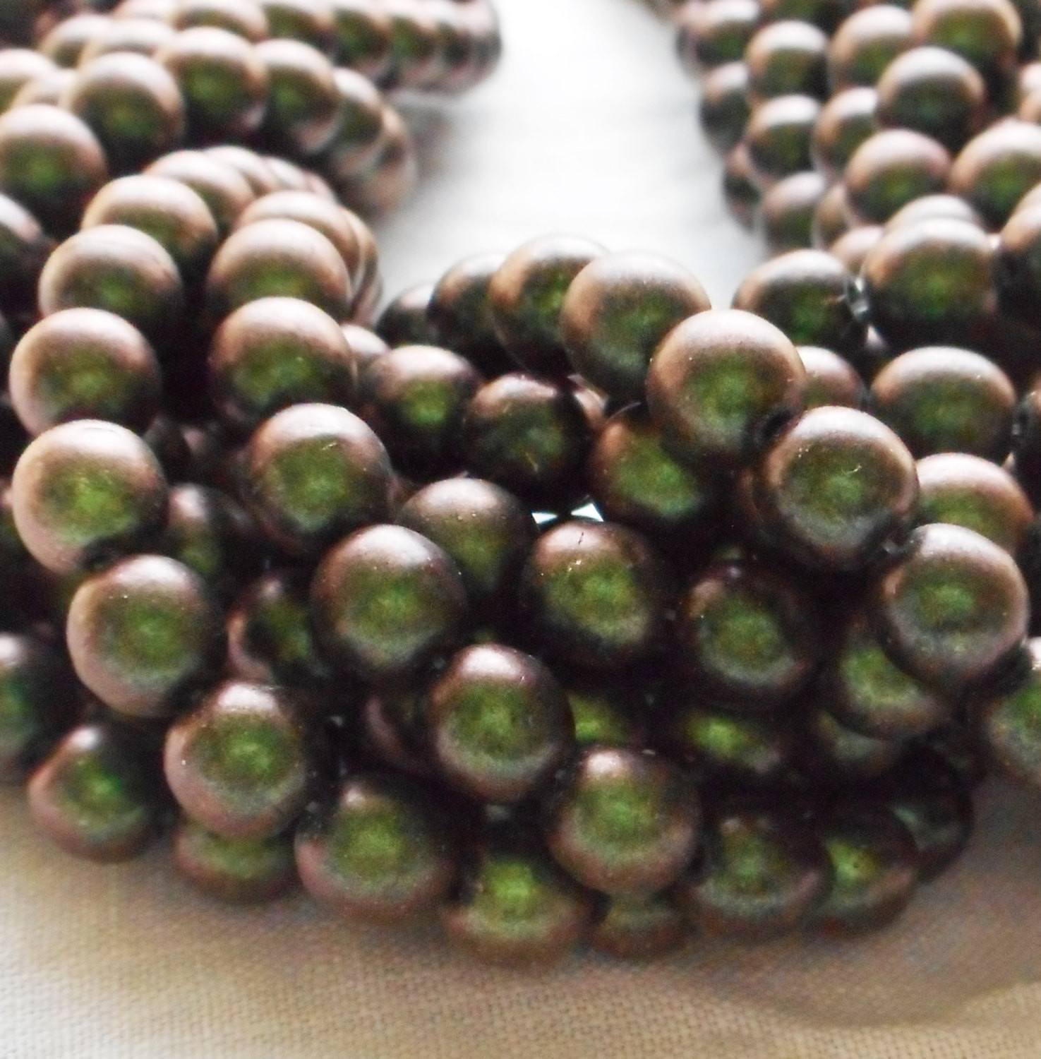 Lot of 50 6mm Czech glass druks, Polychrome Olive Mauve smooth round druk beads 31150 - Glorious Glass Beads