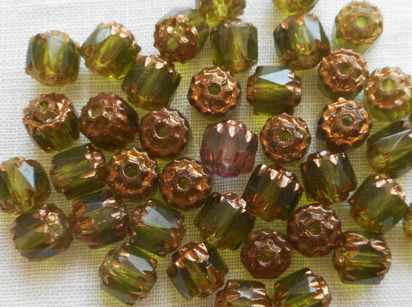 Lot of 25 Olivine Green 6mm crown picasso beads, faceted, firepolished, antique cut, Czech glass beads C1801 - Glorious Glass Beads