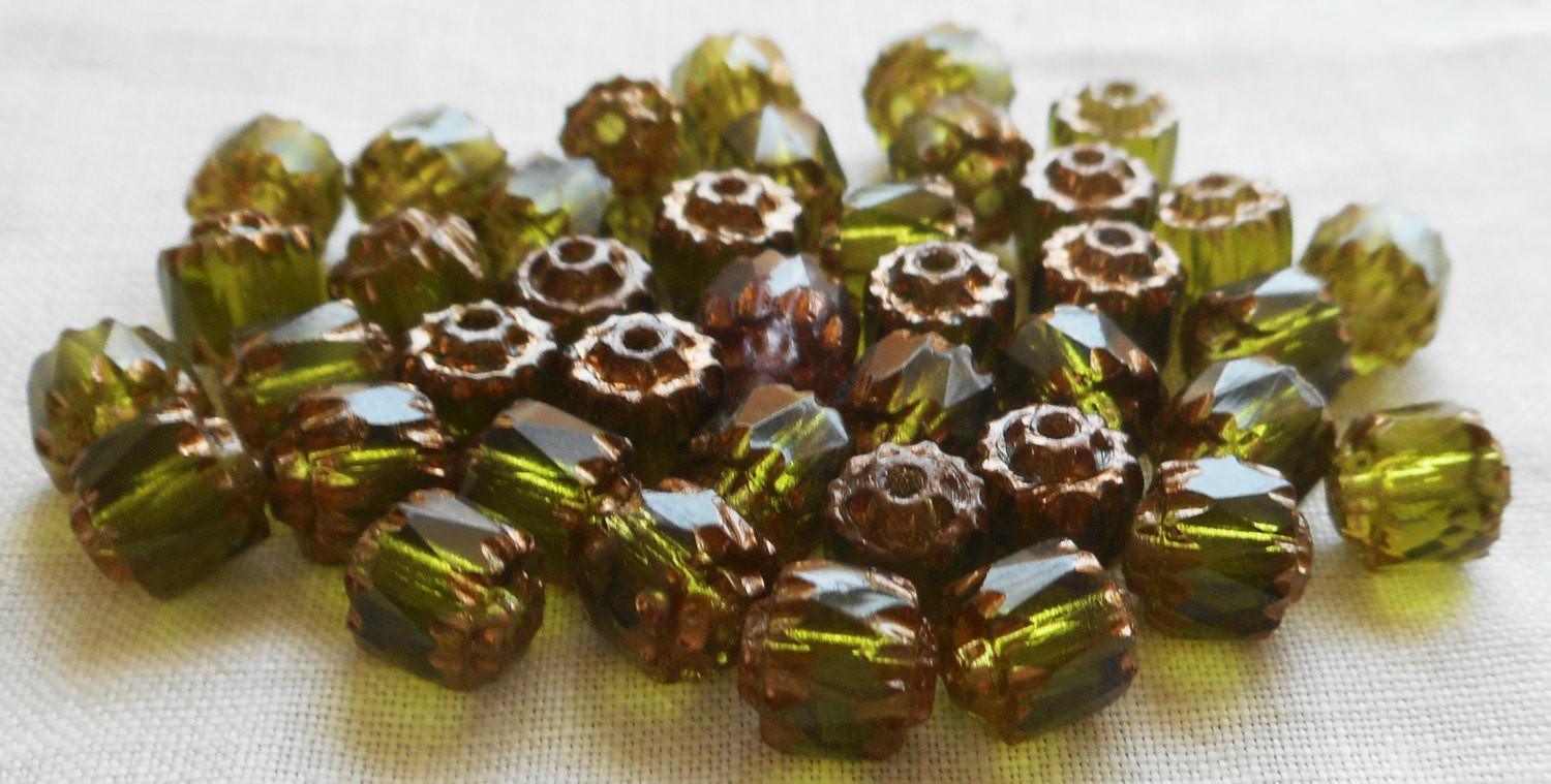 Lot of 25 Olivine Green 6mm crown picasso beads, faceted, firepolished, antique cut, Czech glass beads C1801 - Glorious Glass Beads